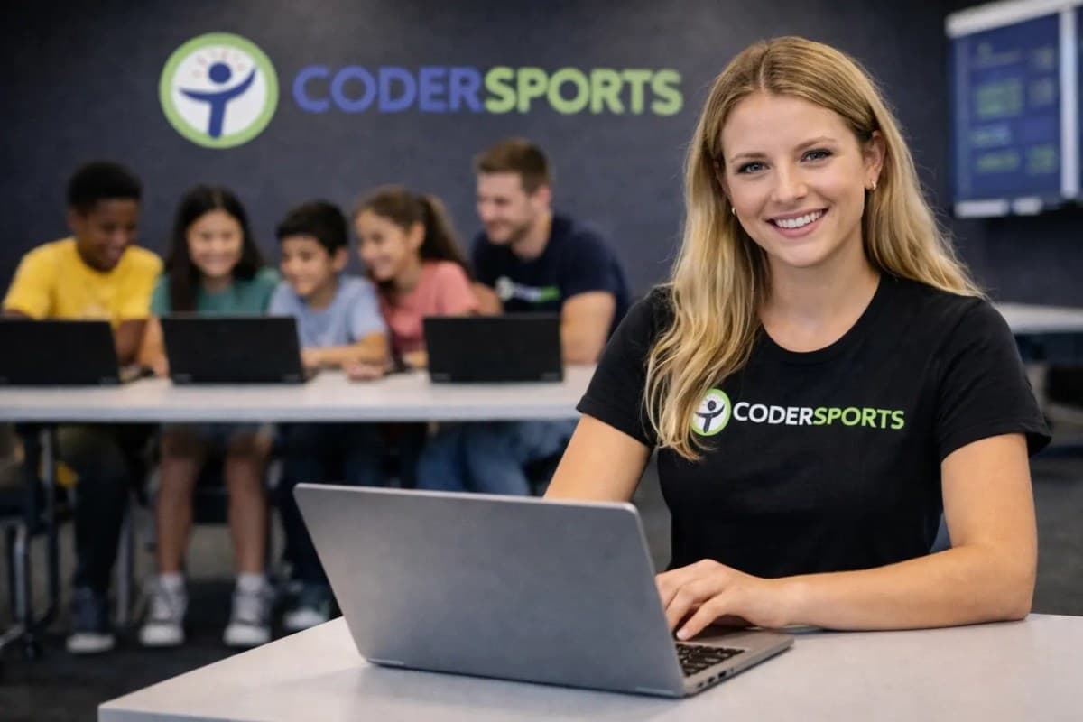 A Coder Sports coach mentoring young students at a Coder Gym